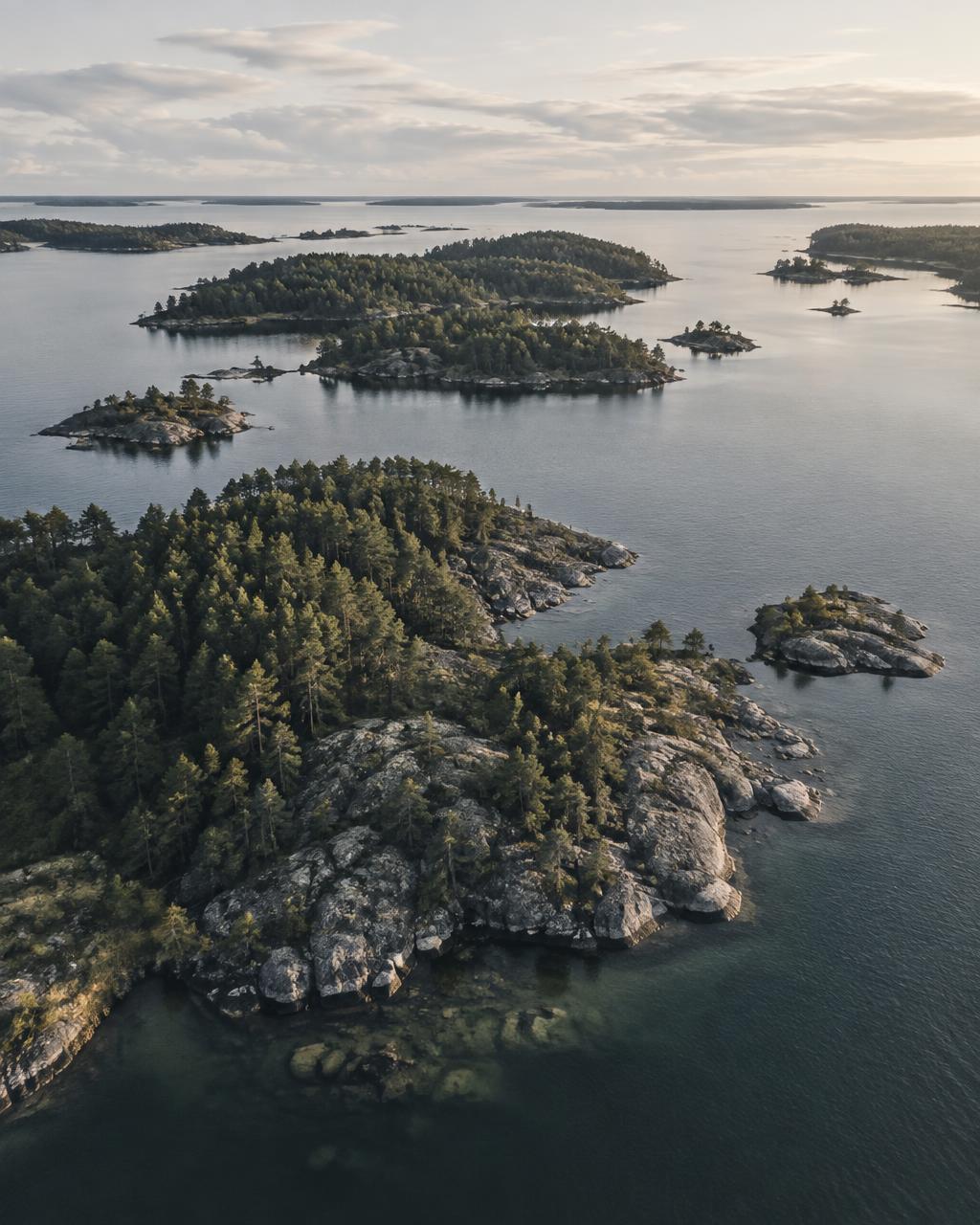 Swedish coastline and islands in soft evening light