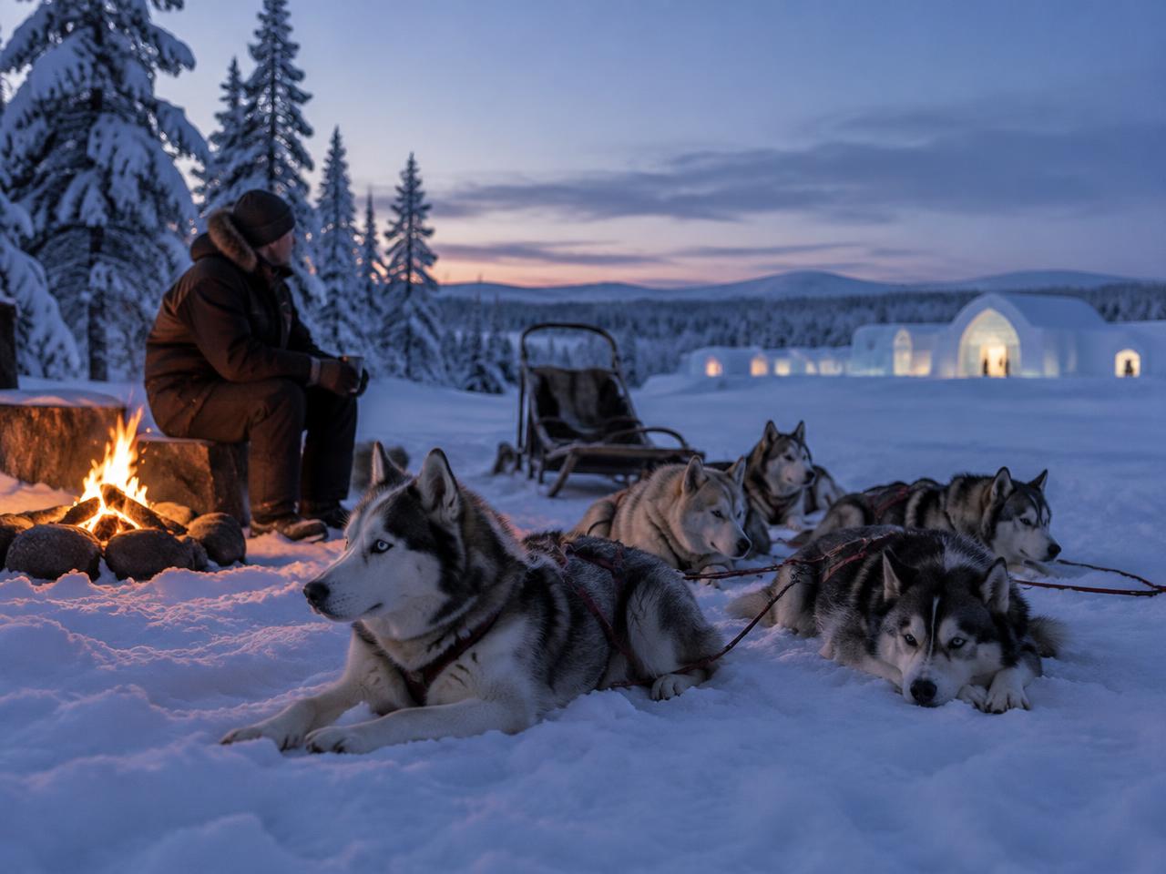 Husky sled team resting by a fire at dusk in Swedish Lapland