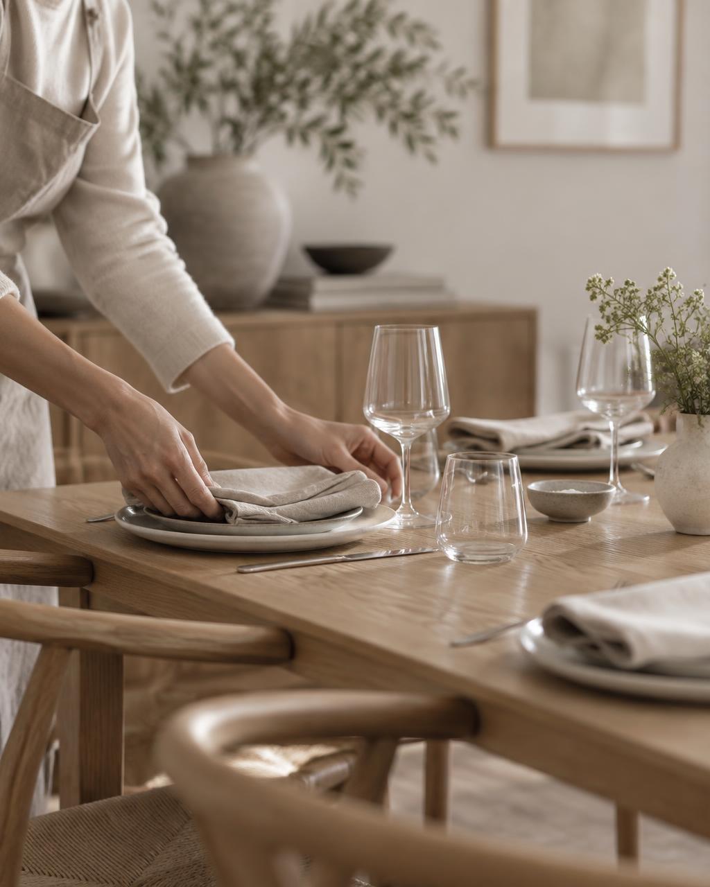 A host setting a linen table in a calm Scandinavian interior